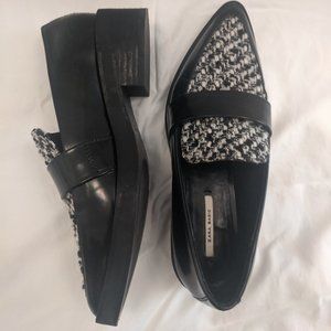 Black Zara Pointed Toe Loafers with Tweed Detail